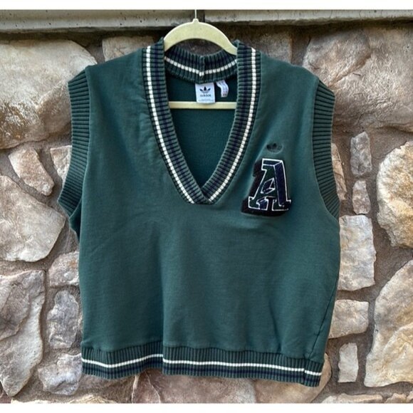Adidas Green Sweater Vest Women's Large Embroidered V-neck Preppy Collegiate - Picture 1 of 11